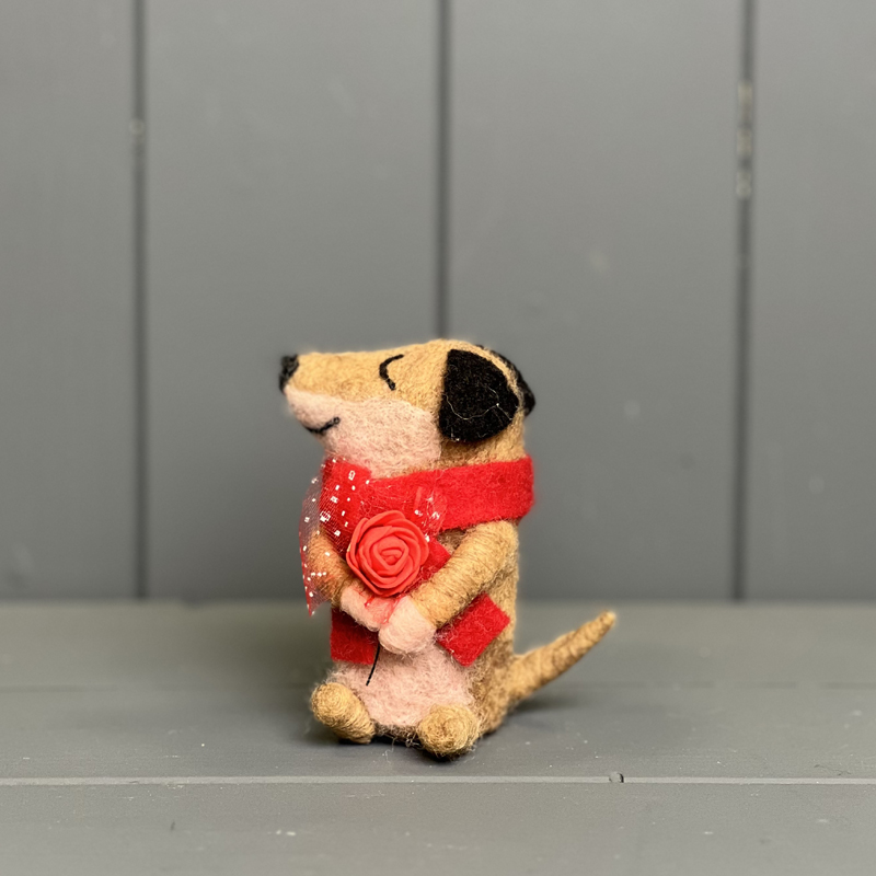 Felt Sausage Dog with Red Scarf and Rose