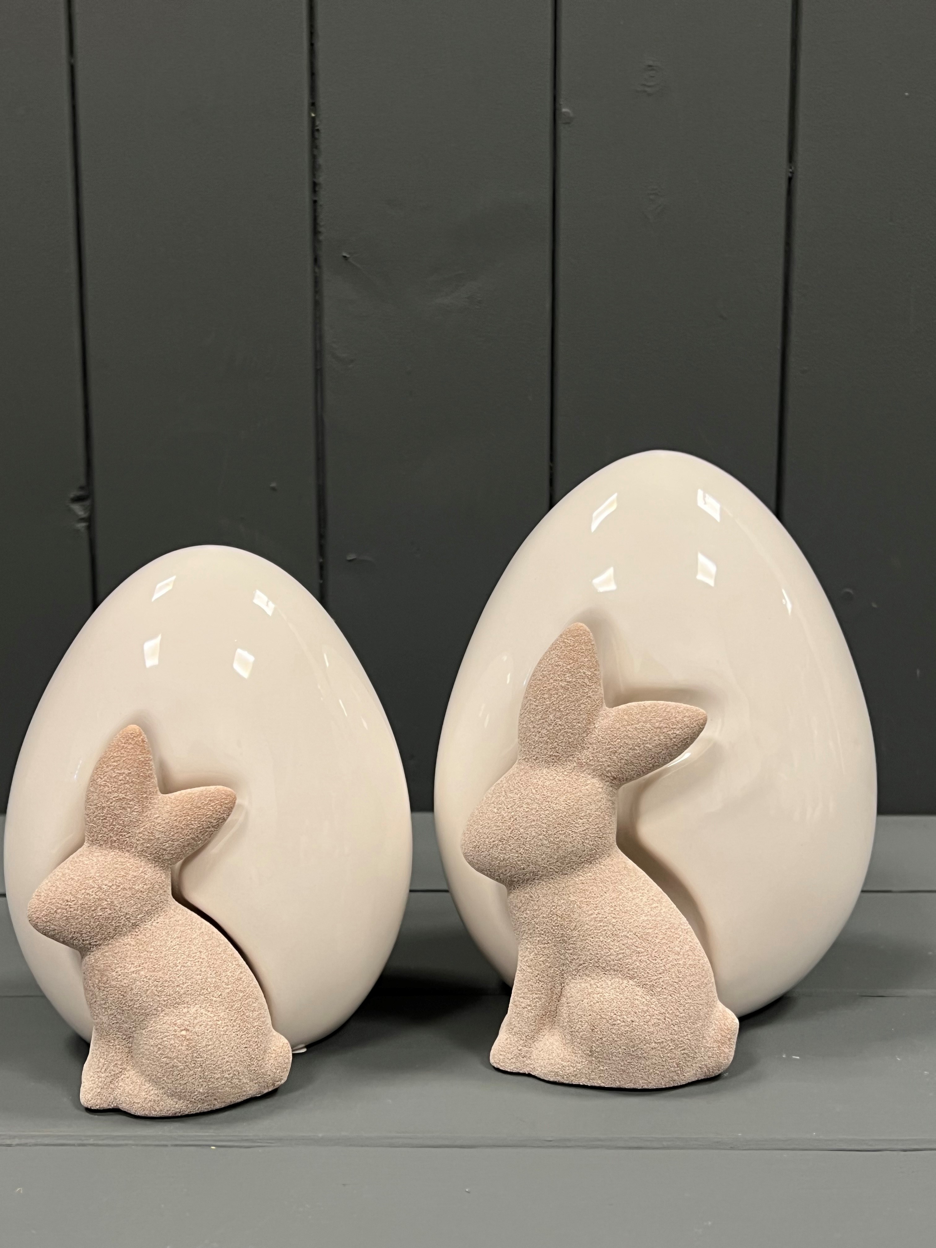 Ceramic White Egg with Rabbit Ornaments