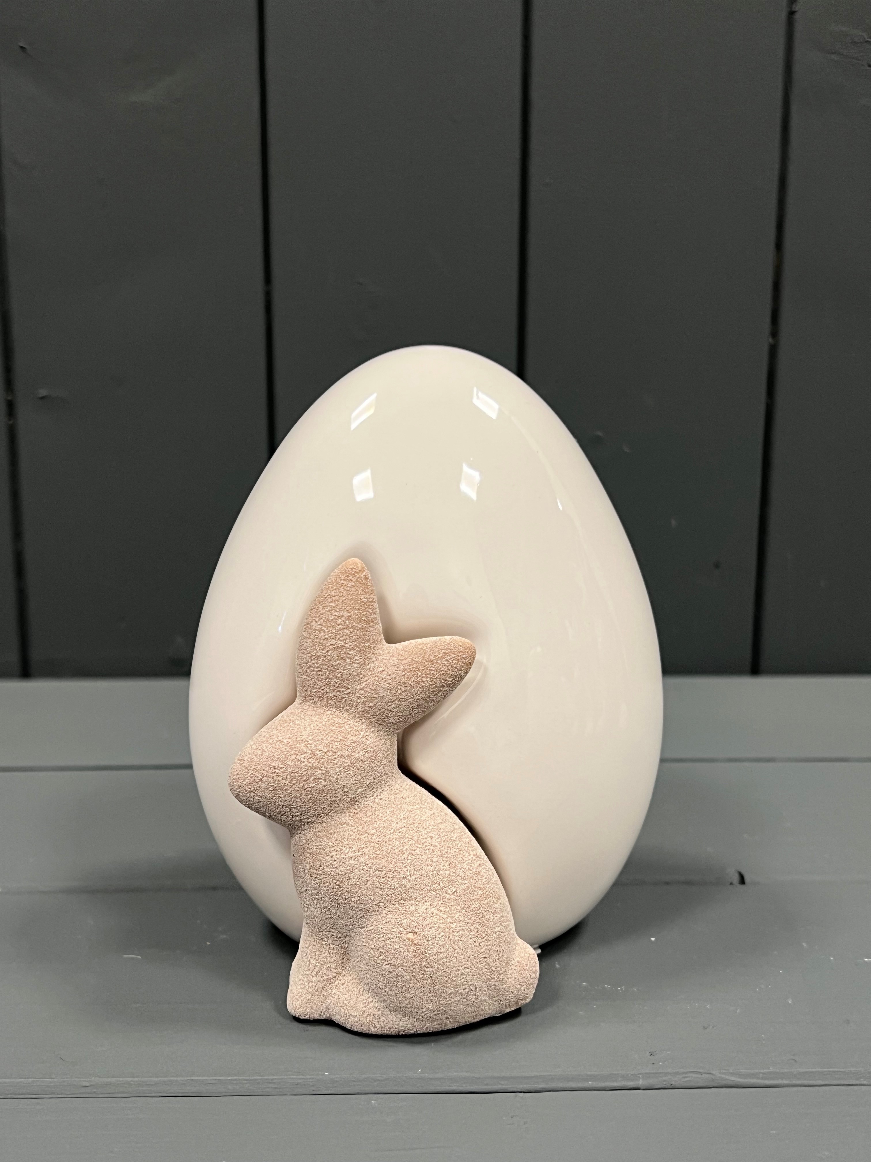 Medium Ceramic White Egg with Rabbit Ornament