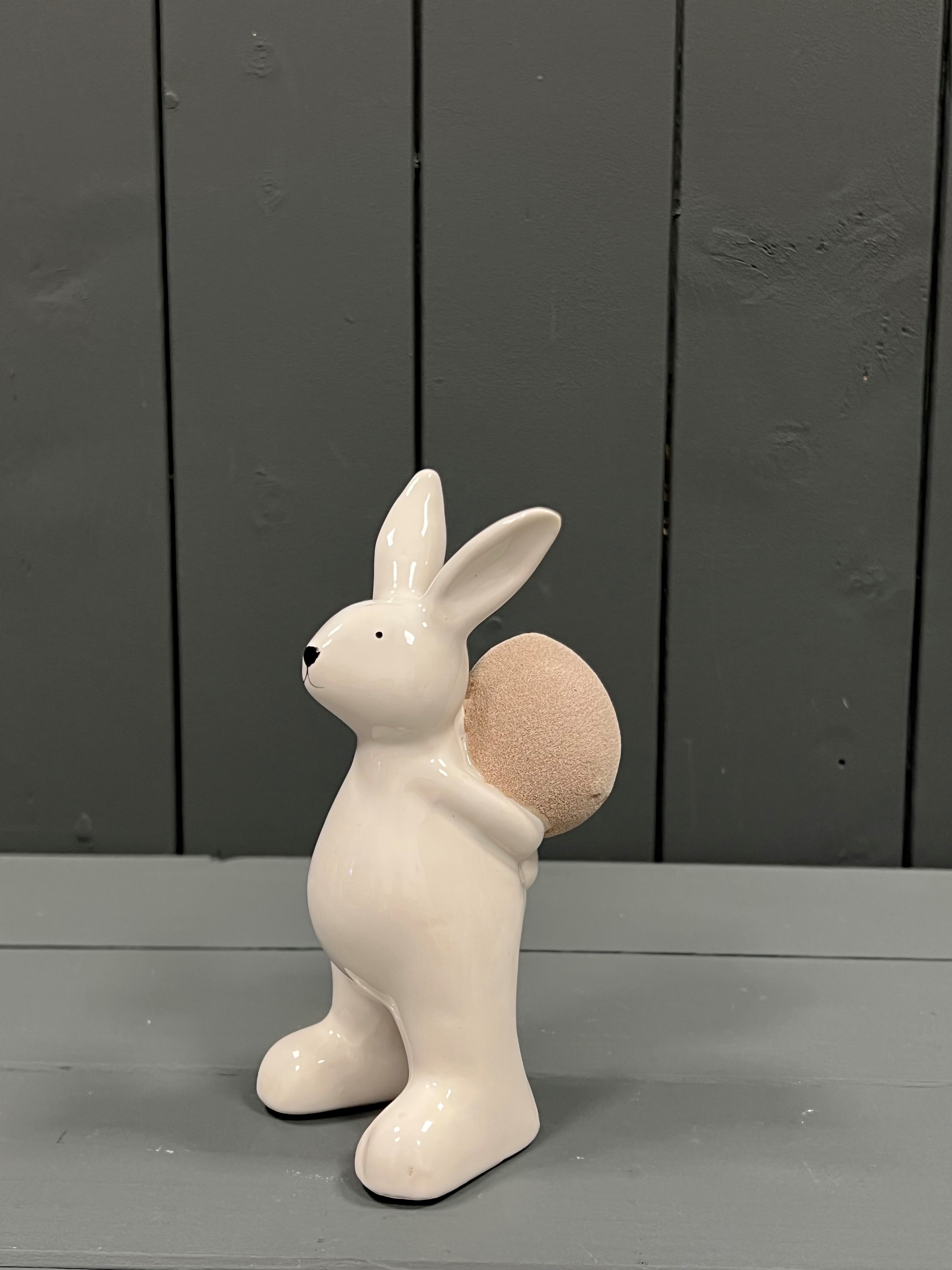 Medium White Ceramic Rabbit with Sand Finish Easter Egg