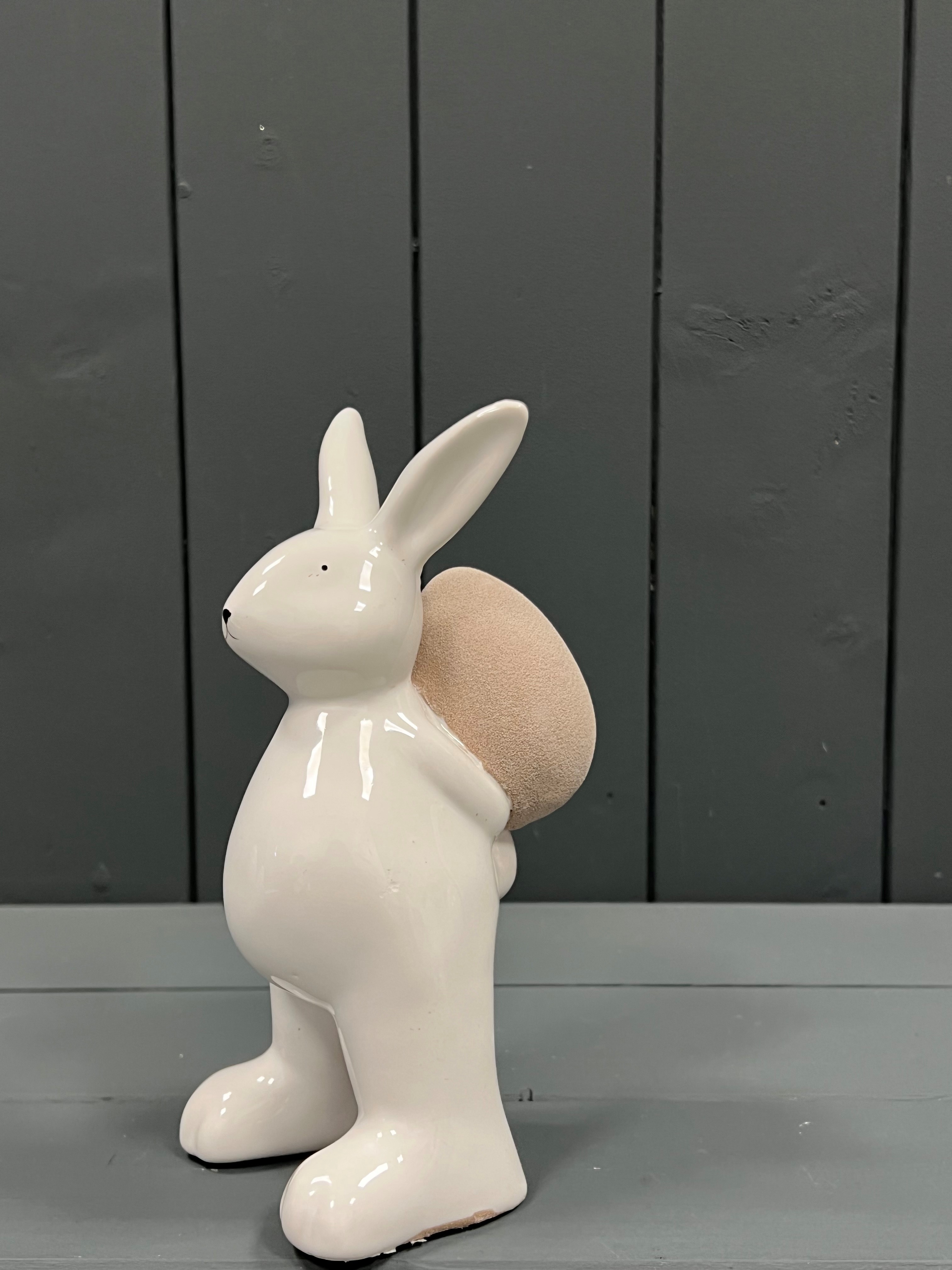 Small White Ceramic Rabbit with Sand Finish Easter Egg