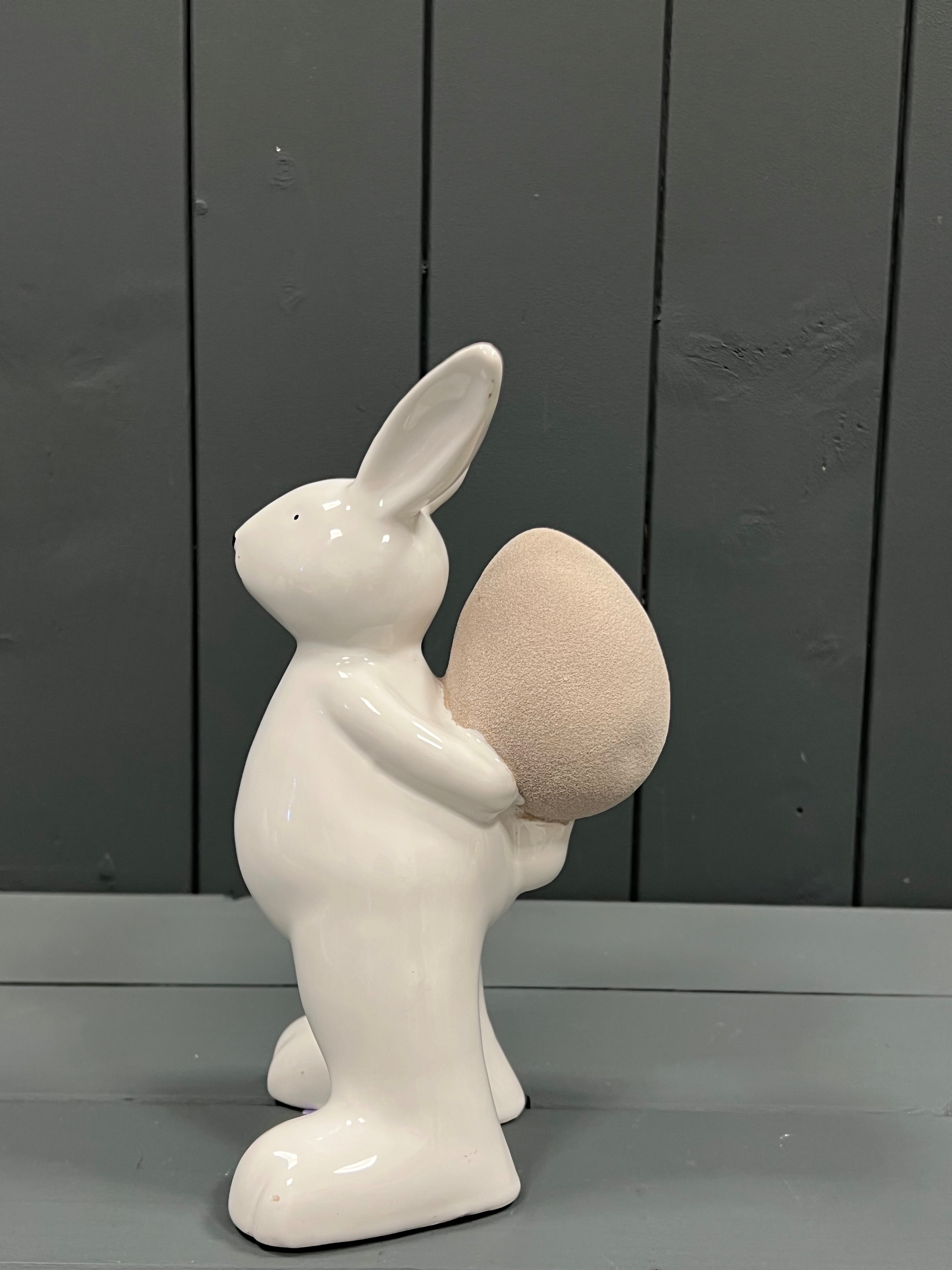 Large White Ceramic Rabbit with Sand Finish Easter Egg