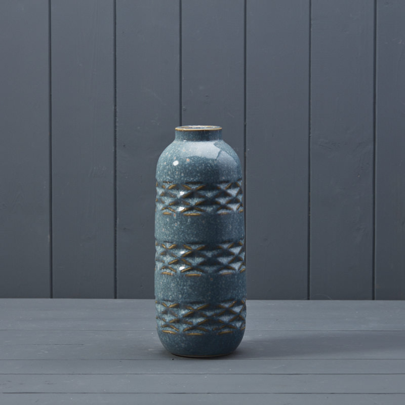 Blue Ceramic Vase with Bronze Highlights