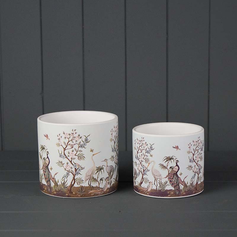 Pair of Ceramic Pots with Peacocks and Blossom Tree details