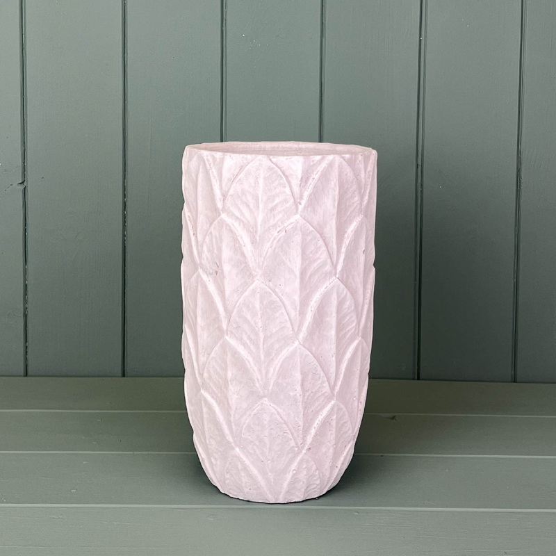 Tall White Leaf Design Cement Vase